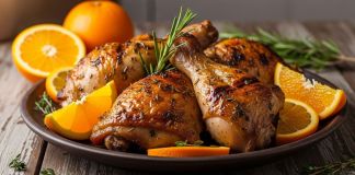 Frango dourado com toque de laranja: fácil, suculento e viciante Coxa e Sobrecoxa Assadas com Laranja
